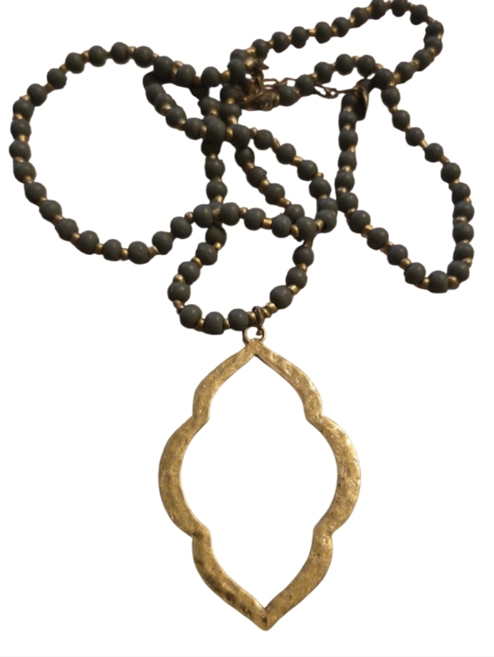 Beaded Necklace with Gold Tone Moroccan Hammered Pendant - Blue